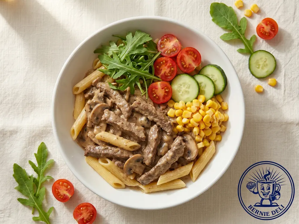 Bowl de penne con lomo de res en salsa de champiñones, rúgula y tomate cherry