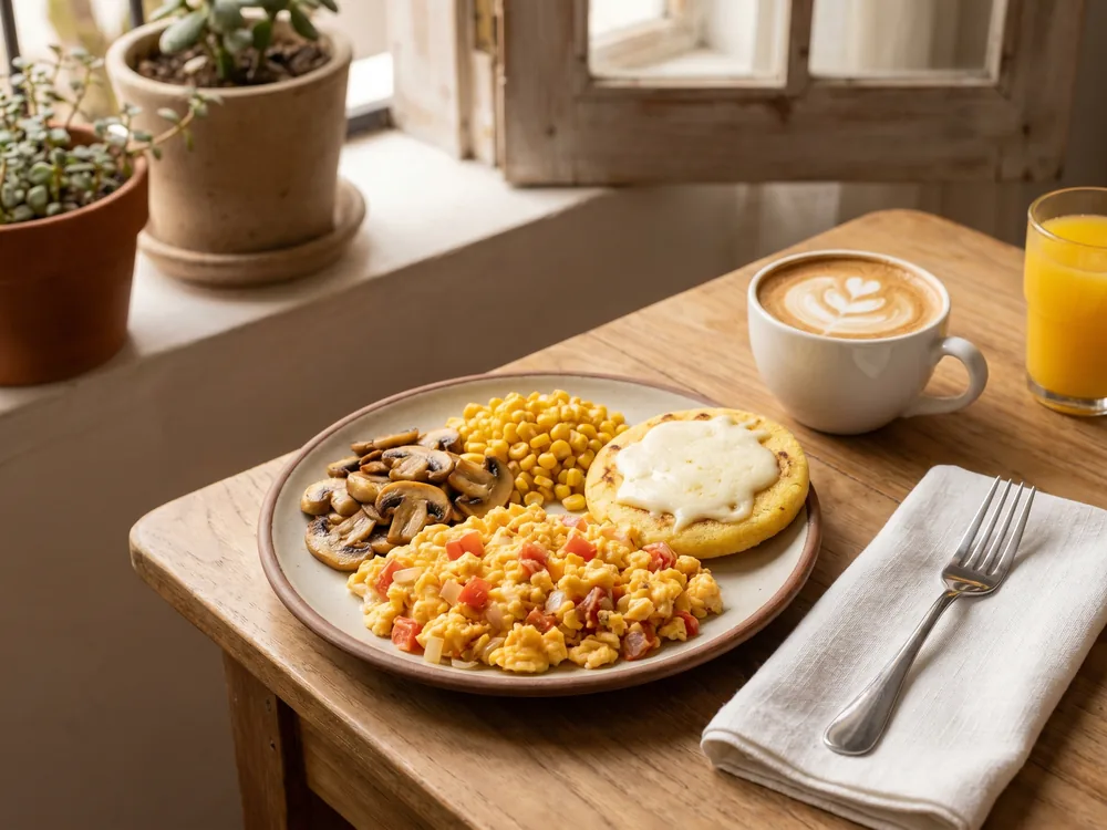 Desayuno completo con huevos pericos, arepa con queso, champiñones y café servido
