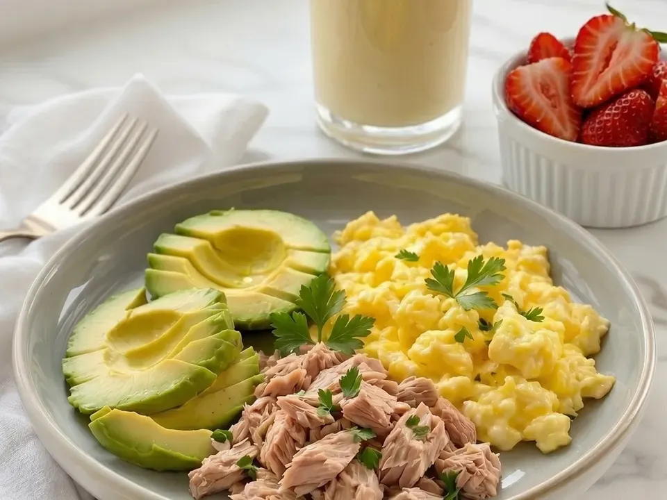 Desayuno Proteico con huevos, atún, aguacate y batido de proteína y banano