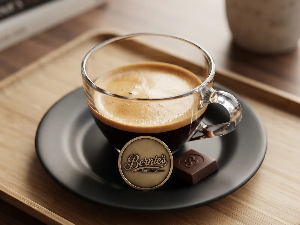 Espresso de la casa servido en taza de vidrio con el medallón de Bernie's sobre tabla de madera