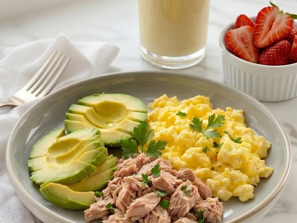 Combo Proteico con huevos revueltos, atún, aguacate, fresas y smoothie