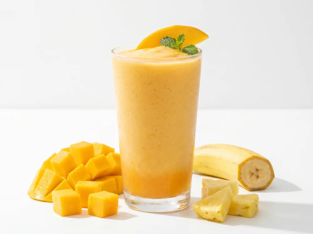 Smoothie Tropical Mango en vaso alto, con mango, banano y piña alrededor